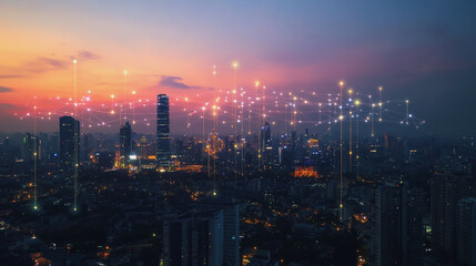 Obraz premium Abstract business man stands on Smart digital Innovation city with connection network reciprocity over the twilight cityscape. of future wireless digital city and social media networking systems
