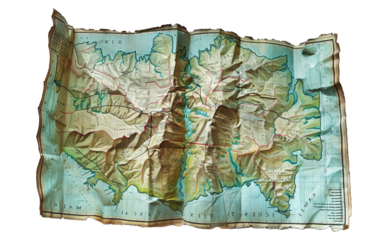 Detailed Hiking Map Showcasing Mountain Trails and Features in a Remote Area With Open Valleys and Rivers