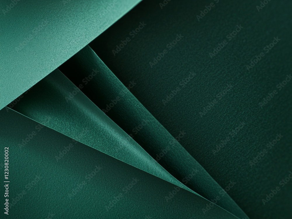 Poster geometric composition featuring overlapping sheets of green paper, forming intriguing shapes and sha