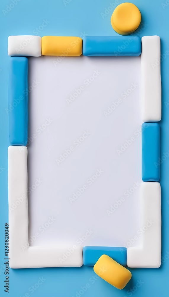 Poster brightly colored pieces of play doh create a rectangular frame against a crisp blue backdrop, leavin