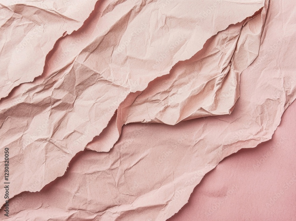 Poster crumpled pink wrapping paper in an abstract design, creating a textured and layered background with 
