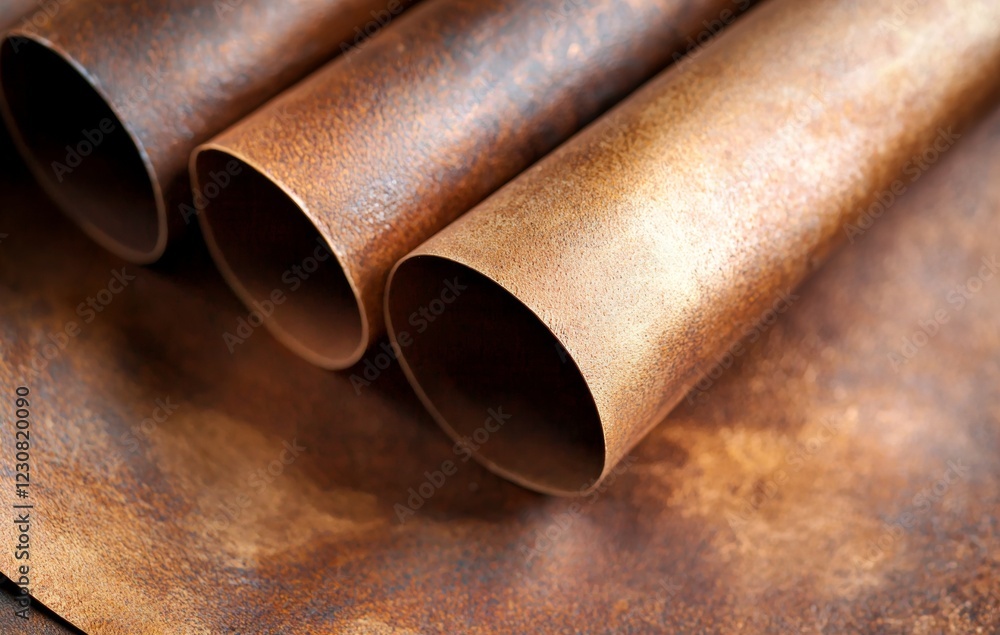 Poster three rusty metal tubes are lying on a textured surface of similar color and texture, creating a coh
