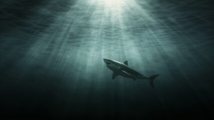 Great white shark in dark waters. Ocean apex predator. Marine life, shark.
