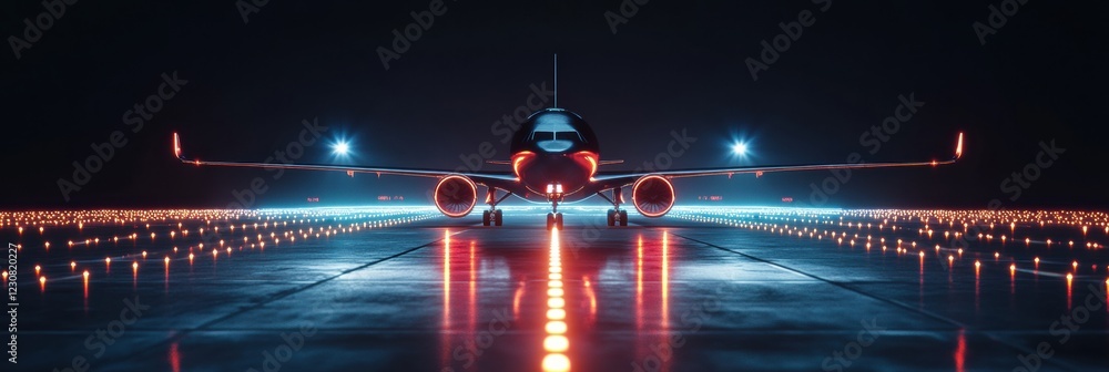 Aufkleber illuminated runway at night with airplane ready for takeoff surrounded by vibrant navigation lights.