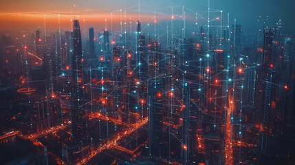 Fototapeta premium Abstract business man stands on Smart digital Innovation city with connection network reciprocity over the twilight cityscape. of future wireless digital city and social media networking systems