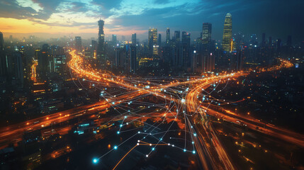 Fototapeta premium Abstract business man stands on Smart digital Innovation city with connection network reciprocity over the twilight cityscape. of future wireless digital city and social media networking systems