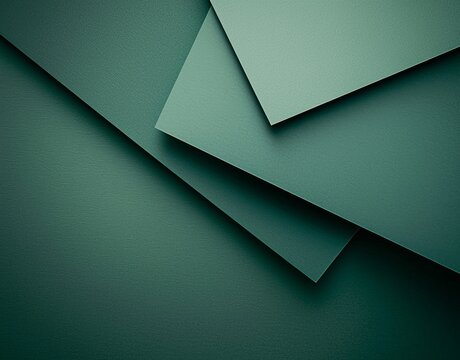 Overlapping green paper sheets are creating geometric shapes, providing an abstract background with a modern and minimalist aesthetic, suitable for various design projects