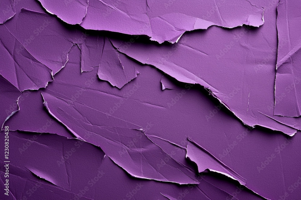 Poster close-up view of a vibrant purple surface revealing a crumpled and torn paper texture, creating an a