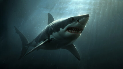 Fototapeta premium Great white shark in dark waters. Ocean apex predator. Marine life, shark. 