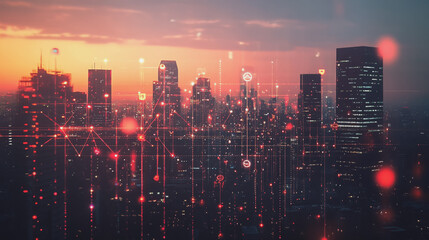 Obraz premium Abstract business man stands on Smart digital Innovation city with connection network reciprocity over the twilight cityscape. of future wireless digital city and social media networking systems