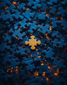 Puzzle piece centered amid mixed blue pieces of a puzzle - the connection, the answer - business or life concept, blue and gold. The missing piece that brings it all together.