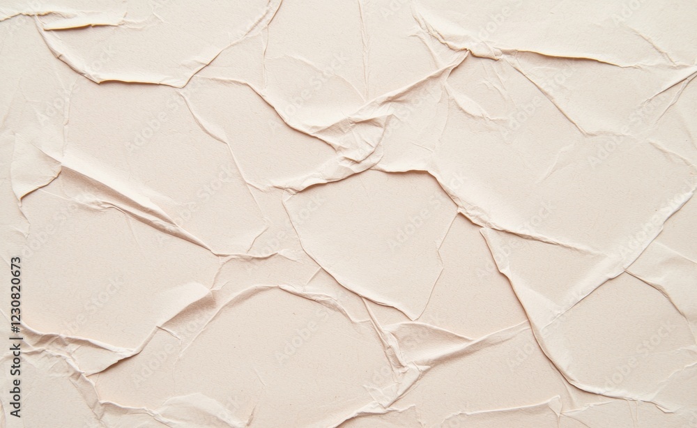 Aufkleber close-up view of a crumpled beige paper surface showcasing a network of wrinkles, creases, and folds