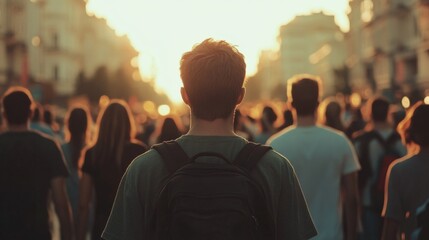 Man with backpack amidst a large crowd at sunset.