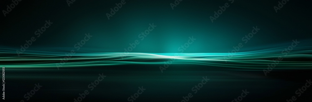 Poster smooth light trails flow horizontally across a dark backdrop, forming a gentle wave of teal and dark