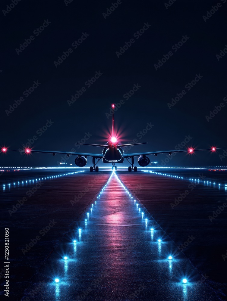 Leinwandbilder airplane preparing for takeoff on a brightly illuminated runway at night with navigation lights. gen