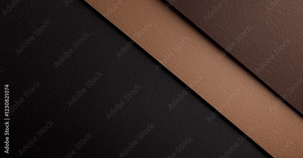 Poster diagonal composition featuring overlapping sheets of textured paper in shades of black and brown, cr