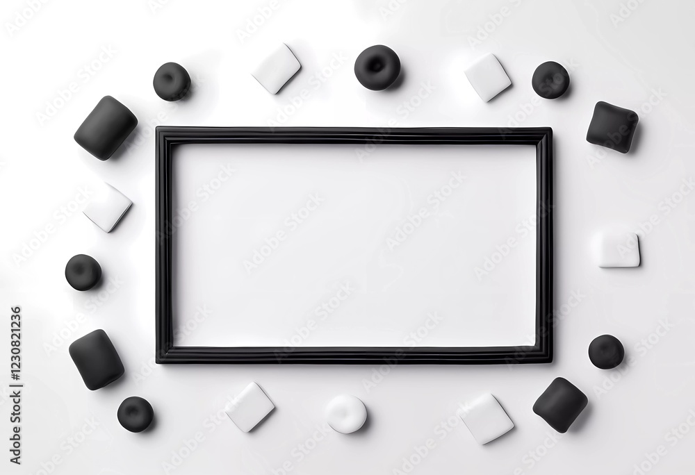 Poster a rectangular black frame is centered amidst an arrangement of diverse black and white geometric sha