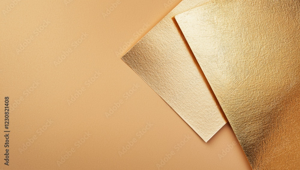 Aufkleber two golden paper sheets are creating geometric shapes on a beige background, offering a sophisticate