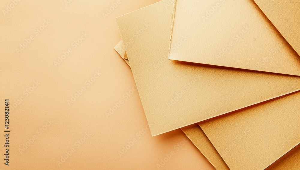Poster multiple sheets of golden paper are arranged on a matching background, creating an elegant and abstr