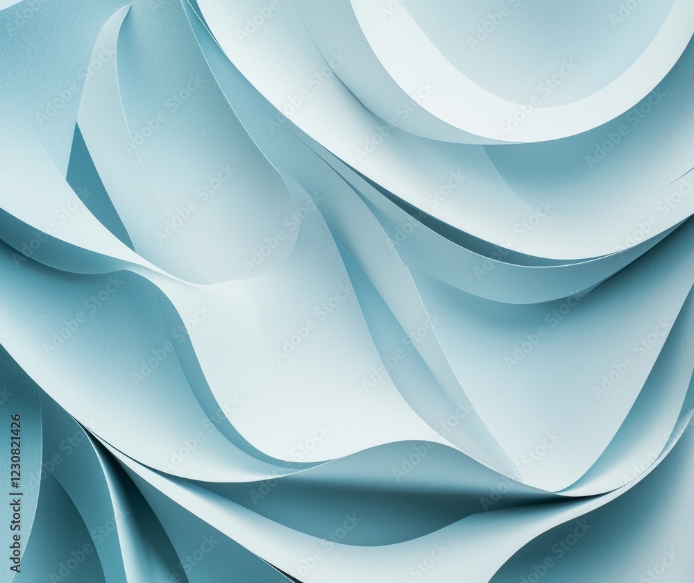 Poster light blue paper stripes are flowing and creating smooth waves, forming an abstract and elegant back