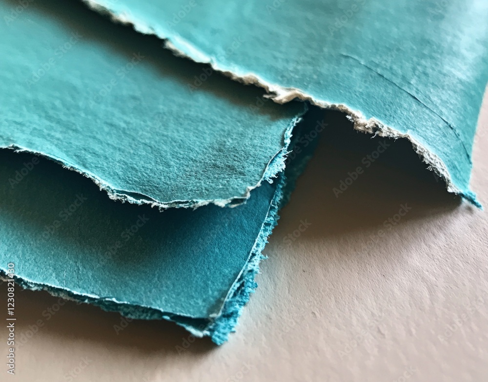 Poster stacked sheets of vibrant turquoise handmade paper featuring deckled edges create an abstract compos