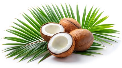 Fresh Coconuts with Palm Leaf on White Background