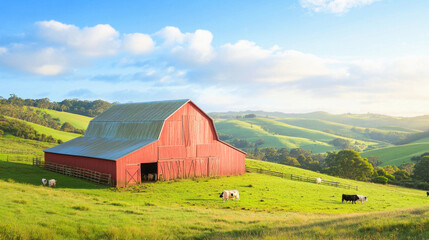 Cows grazing in green pasture near red barn on sunny day