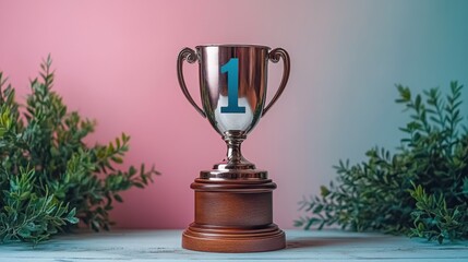 Fototapeta premium A matte silver trophy with a minimalistic number 1 etched into its surface, set against a gradient white-to-gray background, clean and sleek aesthetic 