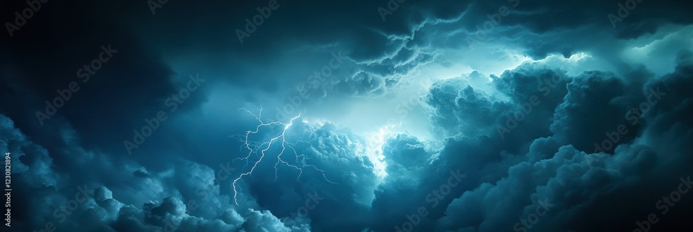 Poster airplane navigates turbulent stormy clouds amidst flashes of lightning over a strikingly dark sky. g