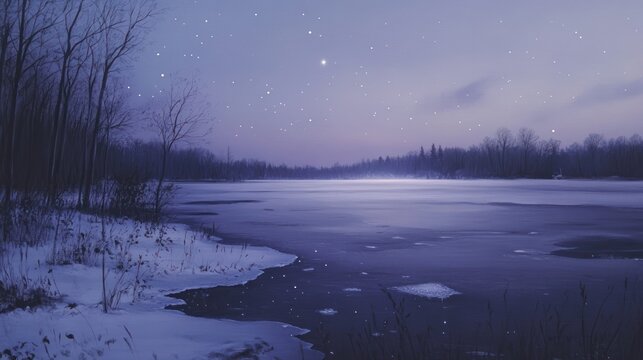 A serene winter scene with a frozen lake reflecting the starry night sky, surrounded by dark forest