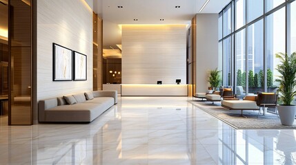 Modern Lobby Interior Design Featuring Elegant Seating and a Reception Desk