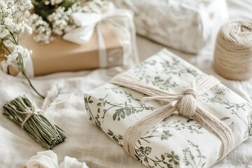 Beautifully wrapped gifts with floral designs and natural elements