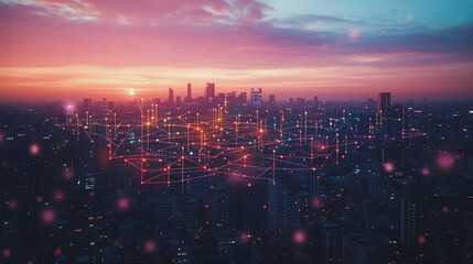 Fototapeta premium Abstract business man stands on Smart digital Innovation city with connection network reciprocity over the twilight cityscape. of future wireless digital city and social media networking systems