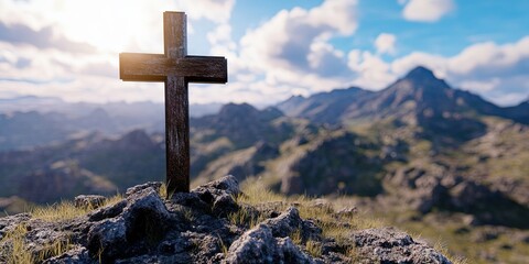 wooden cross on a mountain 
