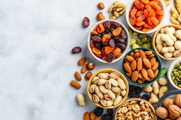 Obraz premium Variety of nuts and dried fruits arranged in colorful bowls