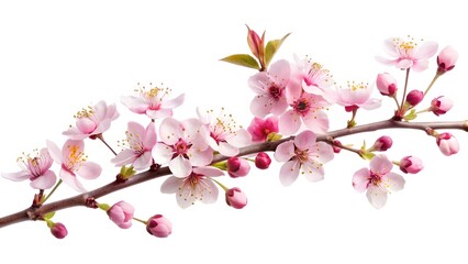 Pink Cherry Blossom Branch Isolated on White Background