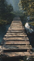 Obraz premium Wooden Bridge Through a Foggy Forest