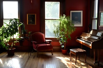 Cozy living room with piano and plants in warm afternoon light