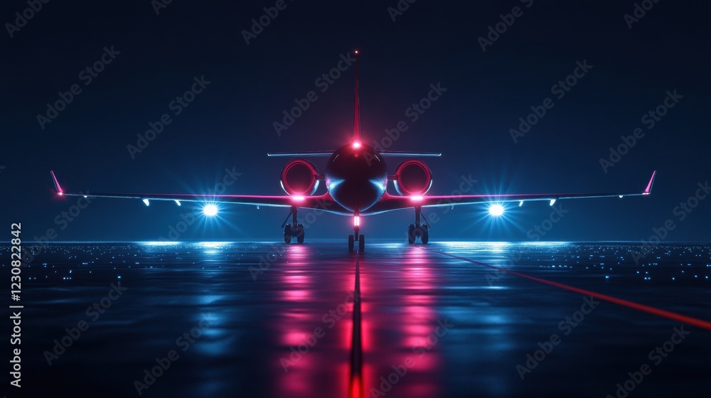 Fototapete illuminated airplane on runway at night with vibrant navigation lights and reflective surface. gener