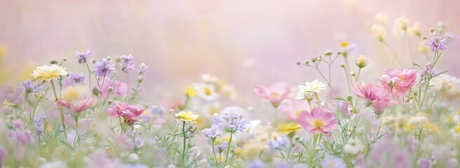 Obraz na płótnie Canvas A pastel-colored background with delicate flowers in various shades of pink, purple, and yellow with space for text 
