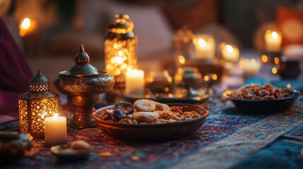 Warm Candlelit Dinner Table Setting with Metal Lanterns and Delicious Food