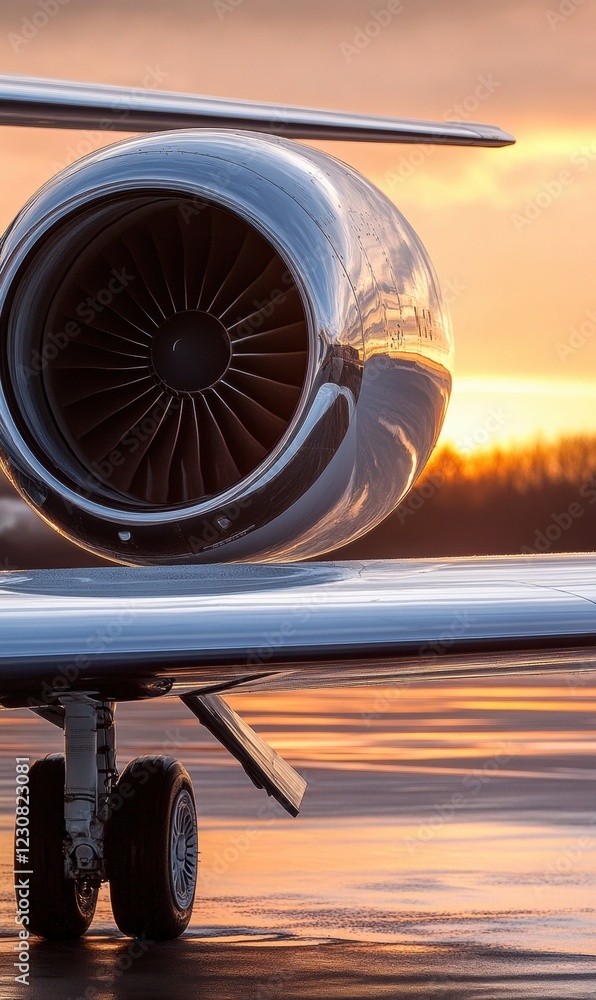 Poster sunset reflection on an airplane wing with a view of a beautiful horizon. generative ai