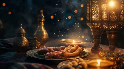Warm Candlelit Middle Eastern Dinner Setting with Golden Lanterns