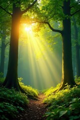 Golden sunlight streams through vibrant green forest canopy, scenic, trees, background