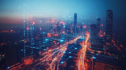 Fototapeta premium Abstract business man stands on Smart digital Innovation city with connection network reciprocity over the twilight cityscape. of future wireless digital city and social media networking systems