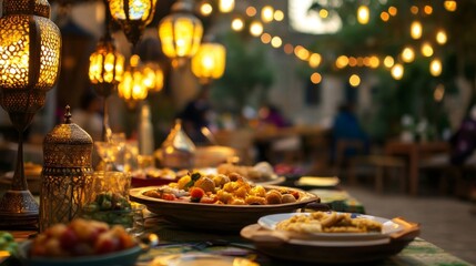 Fototapeta premium Warm Evening Dinner Feast Under String Lights