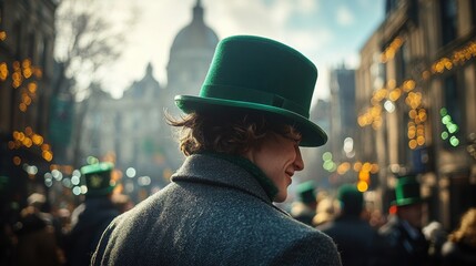 Obraz premium A man wearing a green bowler hat, with a smile, standing in front of a festive St. Patricks Day parade, vibrant green background and soft natural light