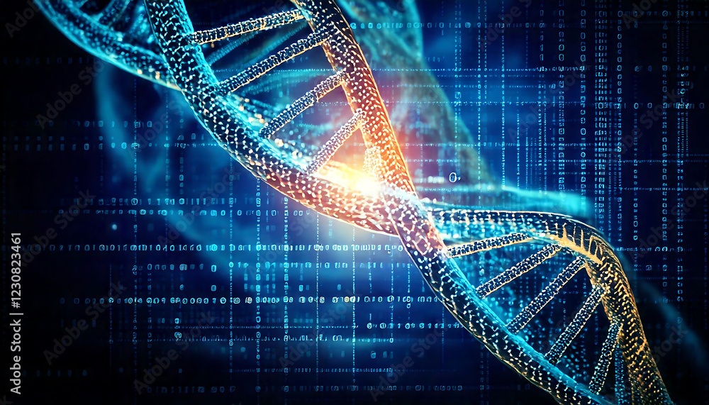 Poster stunning abstract close-up of a dna double helix against a binary code backdrop. perfect for biotech
