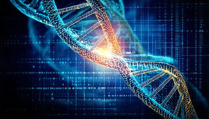 Stunning abstract close-up of a DNA double helix against a binary code backdrop. Perfect for biotechnology, genetics, or digital health projects.