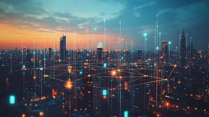 Naklejka premium Abstract business man stands on Smart digital Innovation city with connection network reciprocity over the twilight cityscape. of future wireless digital city and social media networking systems